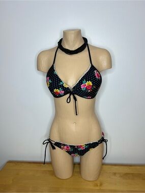 Black Floral Tie-Front Halter Bikini - Black with Pink & Yellow Flowers❤️L-S
